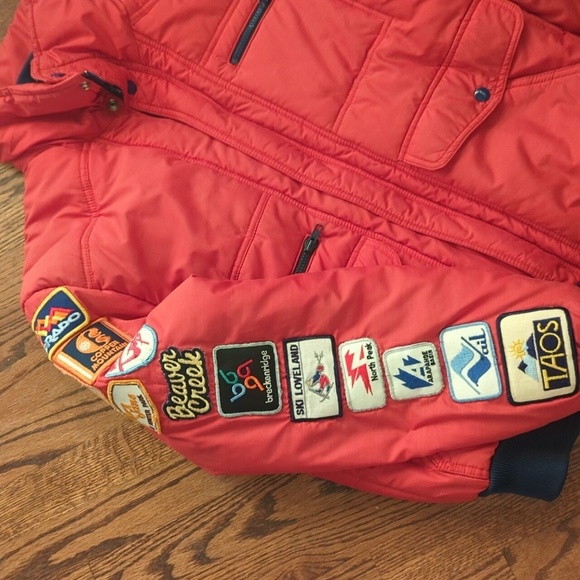 vtg Ski junkie Jacket Red Puffer Quilted retro Ski Bum resort patches sz M - Picture 2 of 15